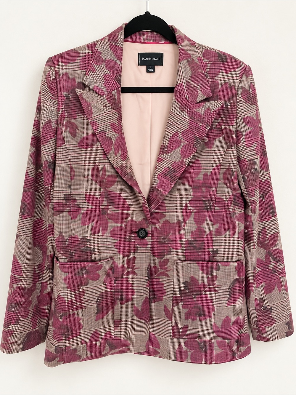 Isaac Mizrahi Pink Floral Plaid Single-Button Blazer